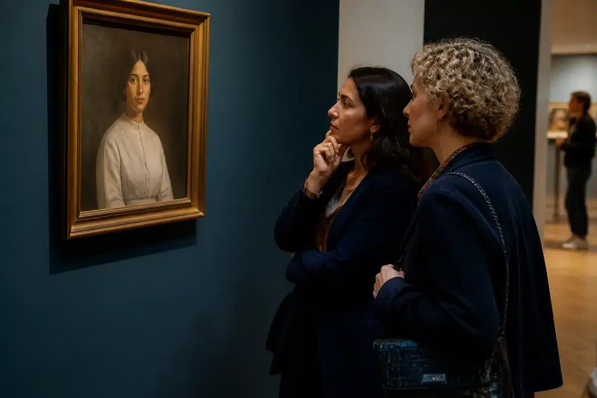 Deux femmes contemplent un portrait accroché au mur