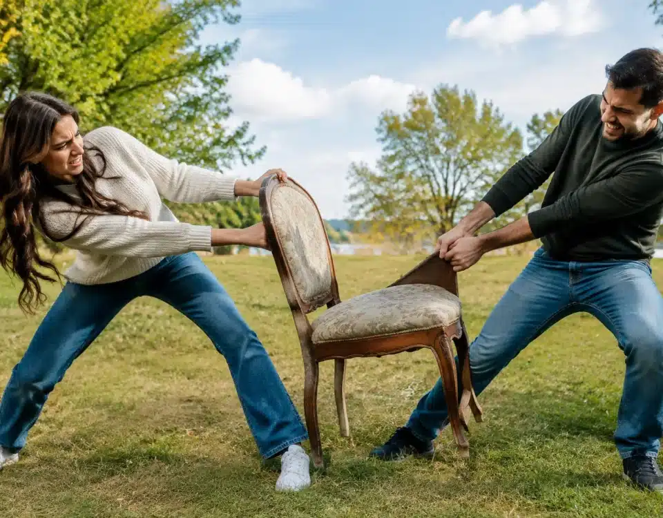 Plusieurs personnes tirent une chaise ancienne dans des directions opposées
