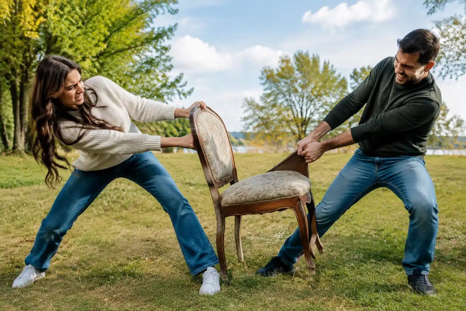 Plusieurs personnes tirent une chaise ancienne dans des directions opposées