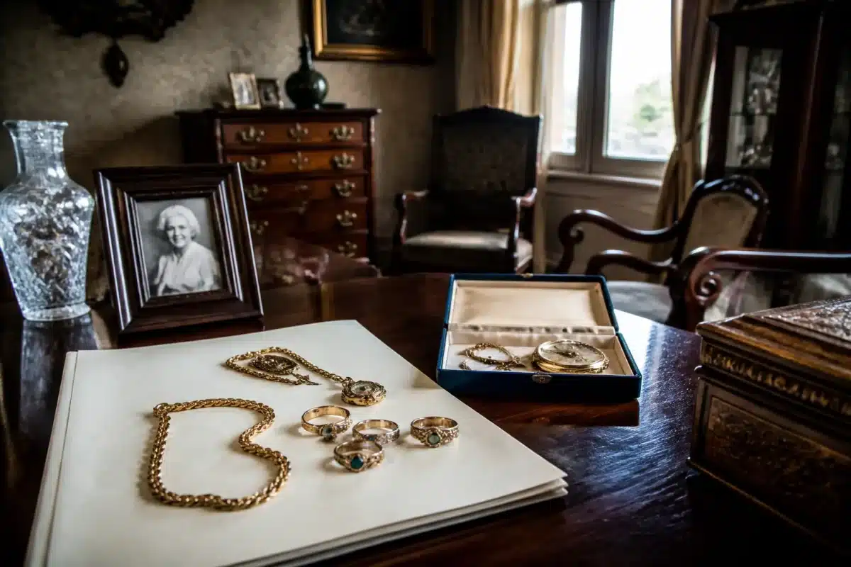 Document testament avec bijoux et meubles hérités visibles