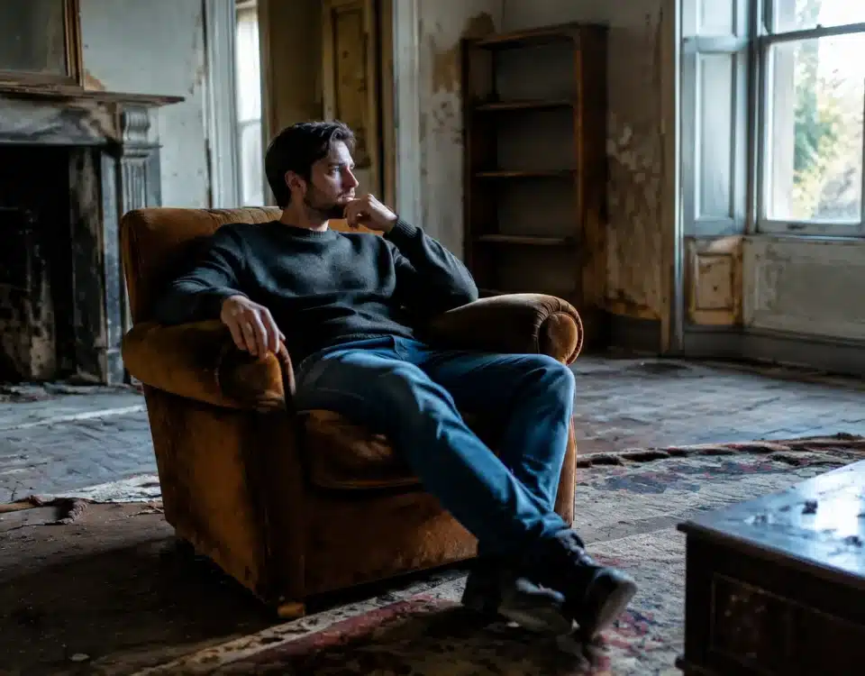 Homme assis seul dans salon vide d'une maison abandonnee