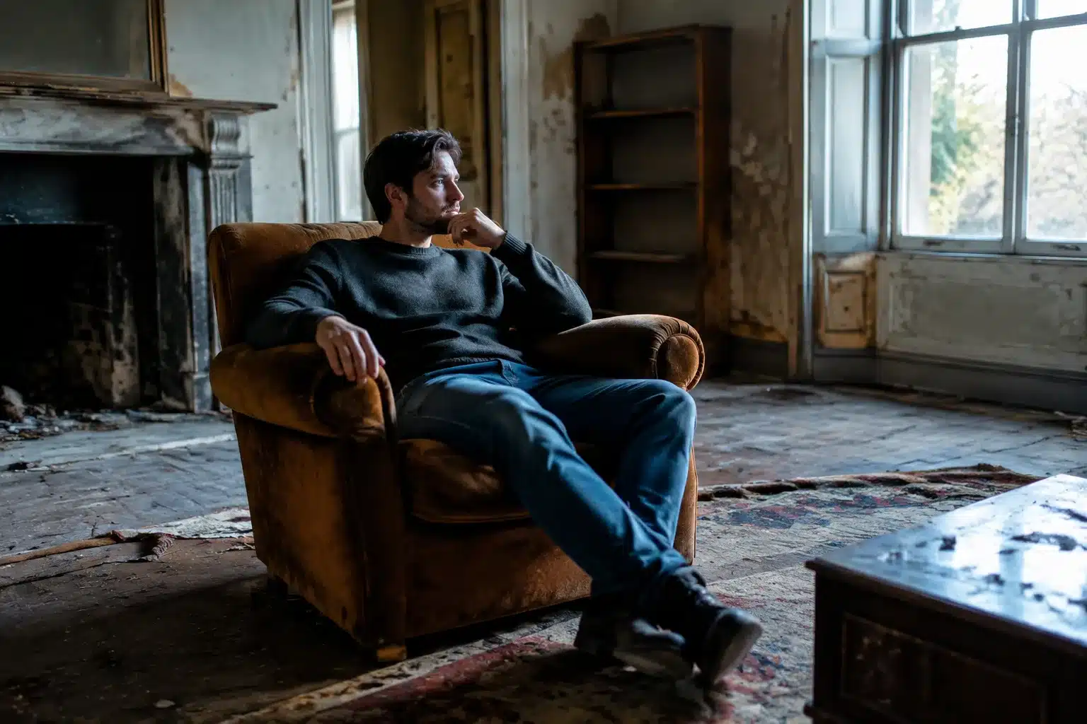 Homme assis seul dans salon vide d'une maison abandonnee