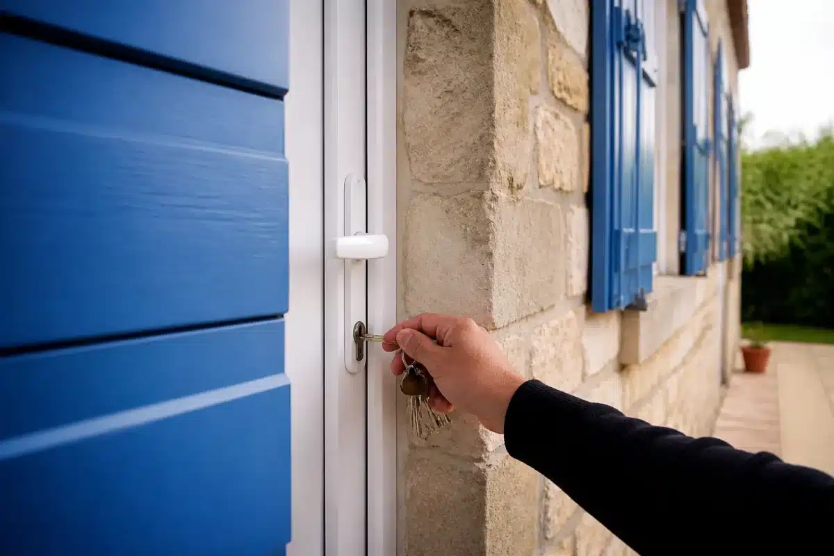 Main tenant clé devant porte avec volets fermés maison