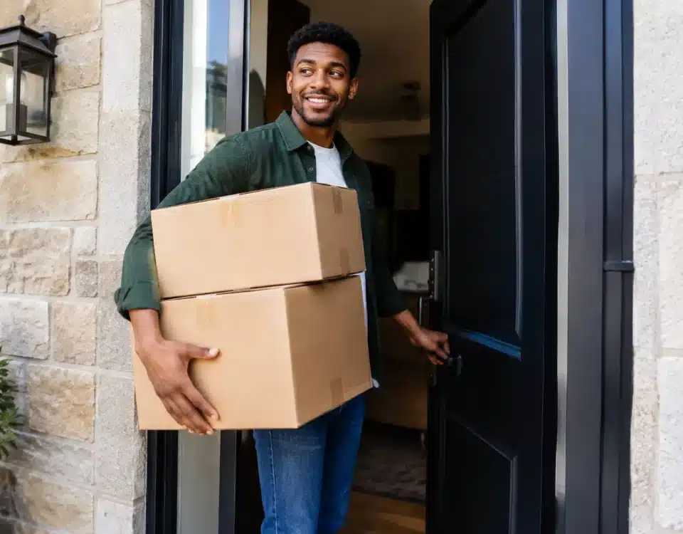 Heritier ouvrant porte maison avec boites cartons dans bras