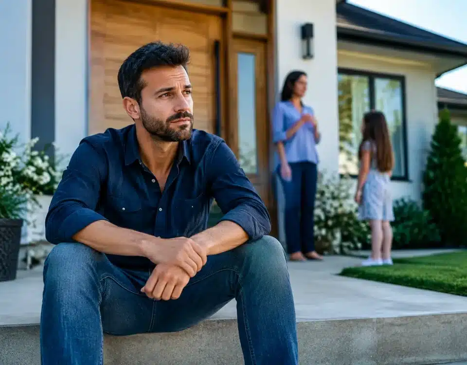 Homme assis seul devant maison, autres figures en arrière-plan