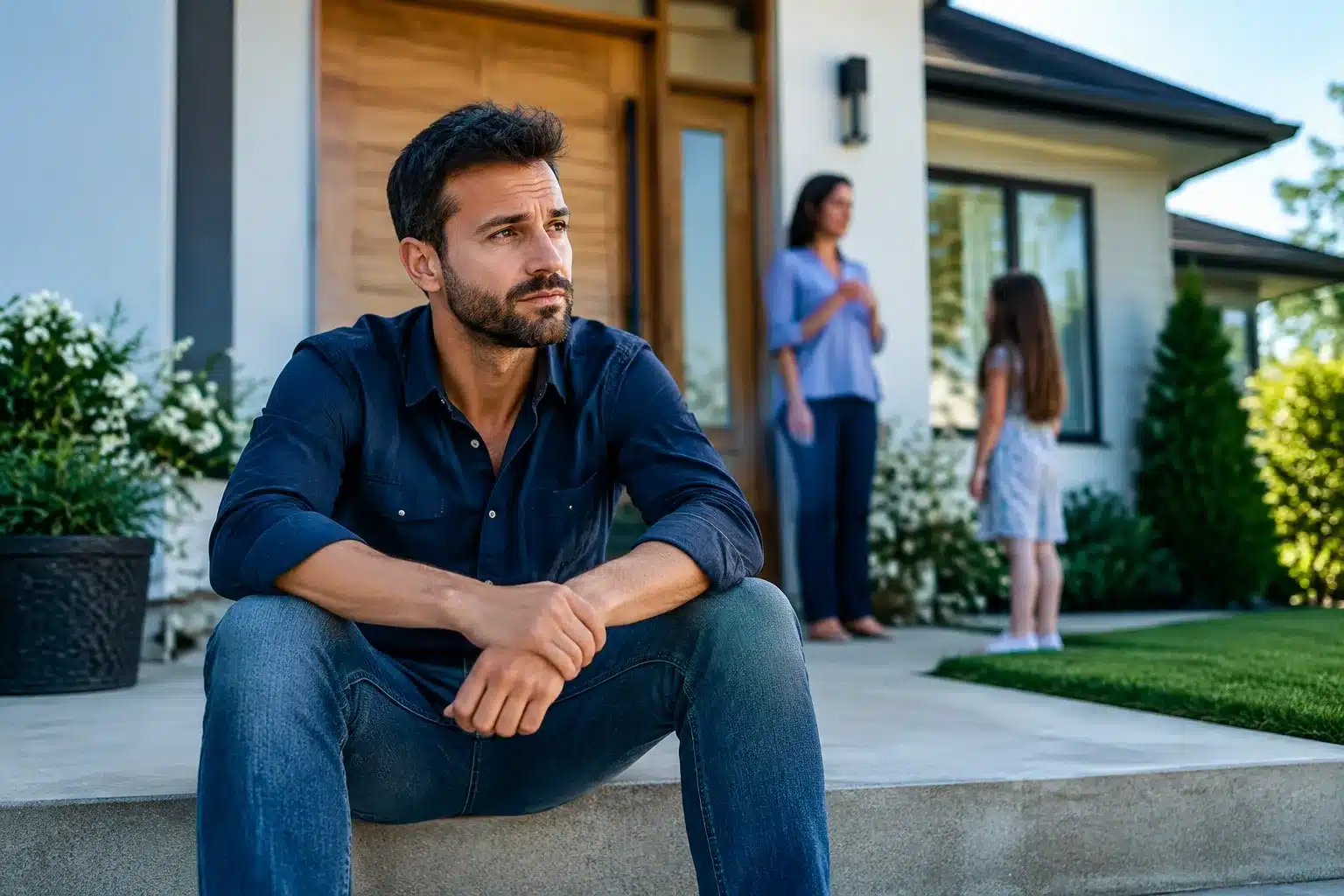 Homme assis seul devant maison, autres figures en arrière-plan