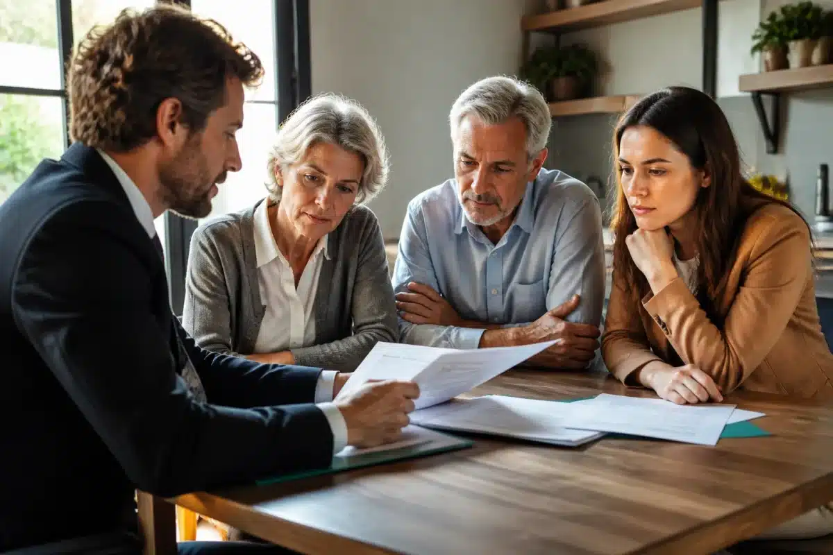 Notaire examinant documents patrimoniaux autour table familiale