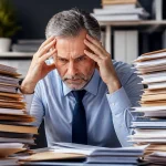 Homme age entoure de dossiers papiers assis bureau