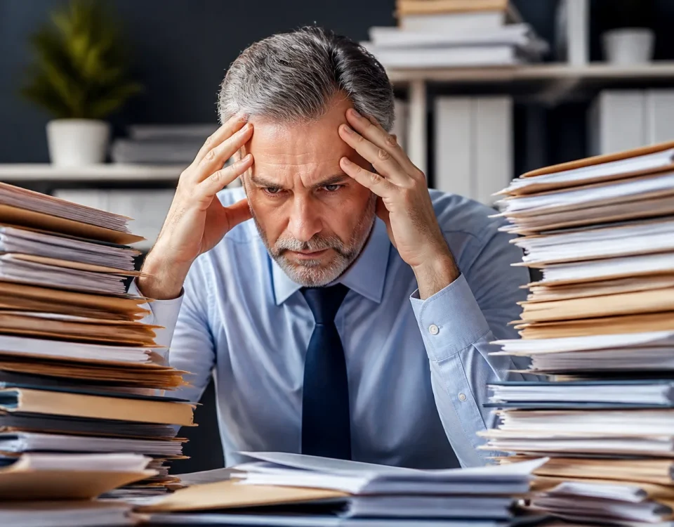 Homme age entoure de dossiers papiers assis bureau