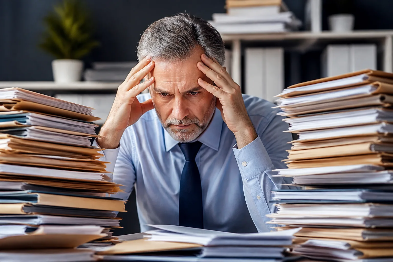 Homme age entoure de dossiers papiers assis bureau