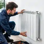 Technicien installant radiateur moderne sur mur blanc interieur