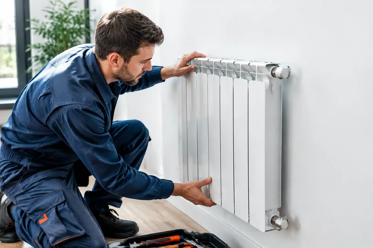 Technicien installant radiateur moderne sur mur blanc interieur