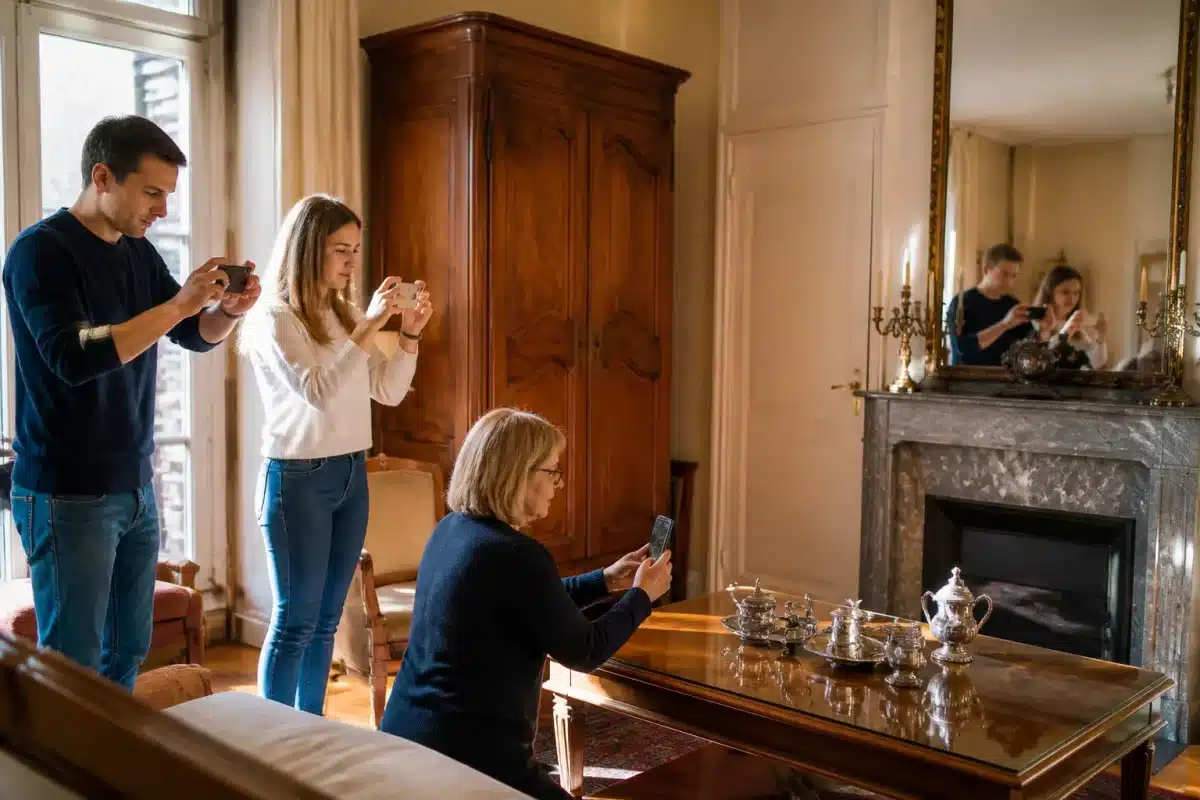 Famille photographiant objets appartement avant inventaire succession