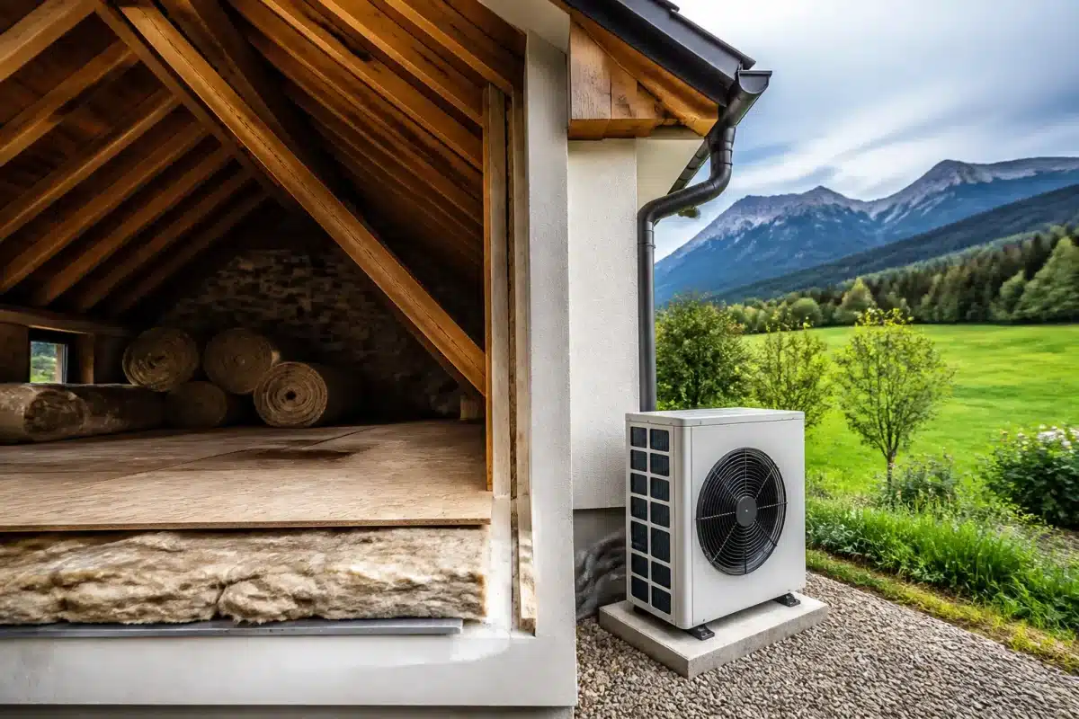 Isolation combles et pompe chaleur air-eau visibles maison