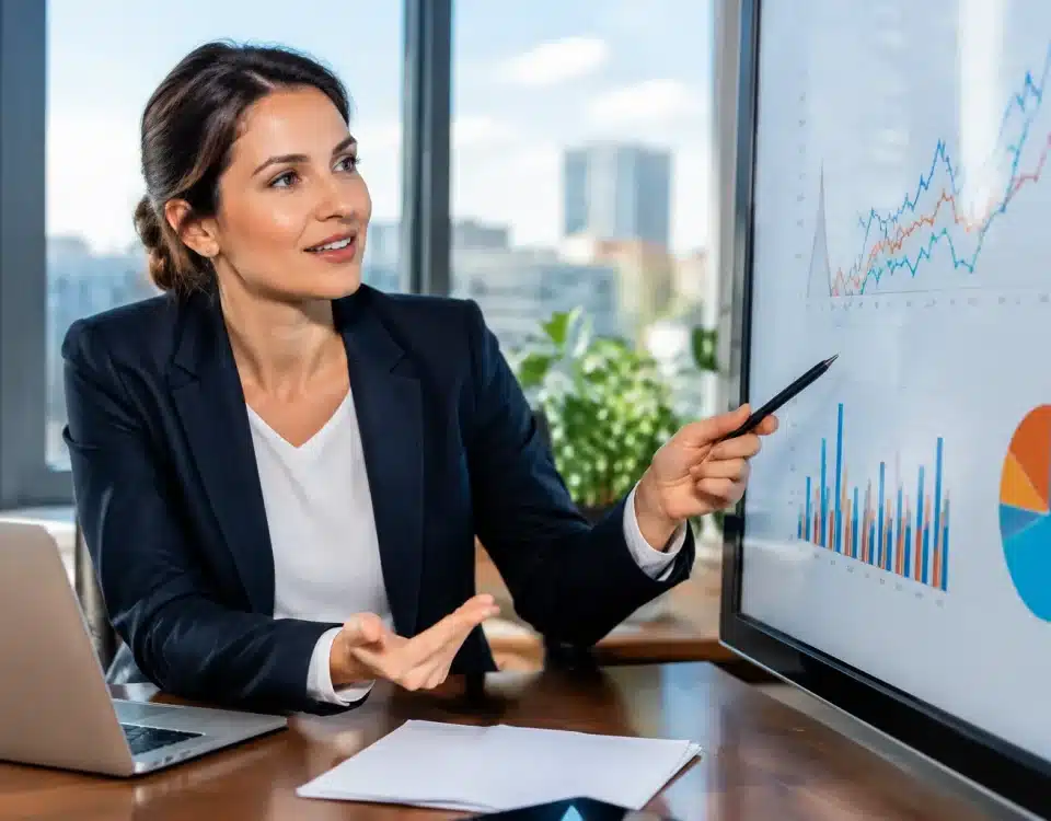 Femme dirigeante assise a un bureau presentant des donnees economiques