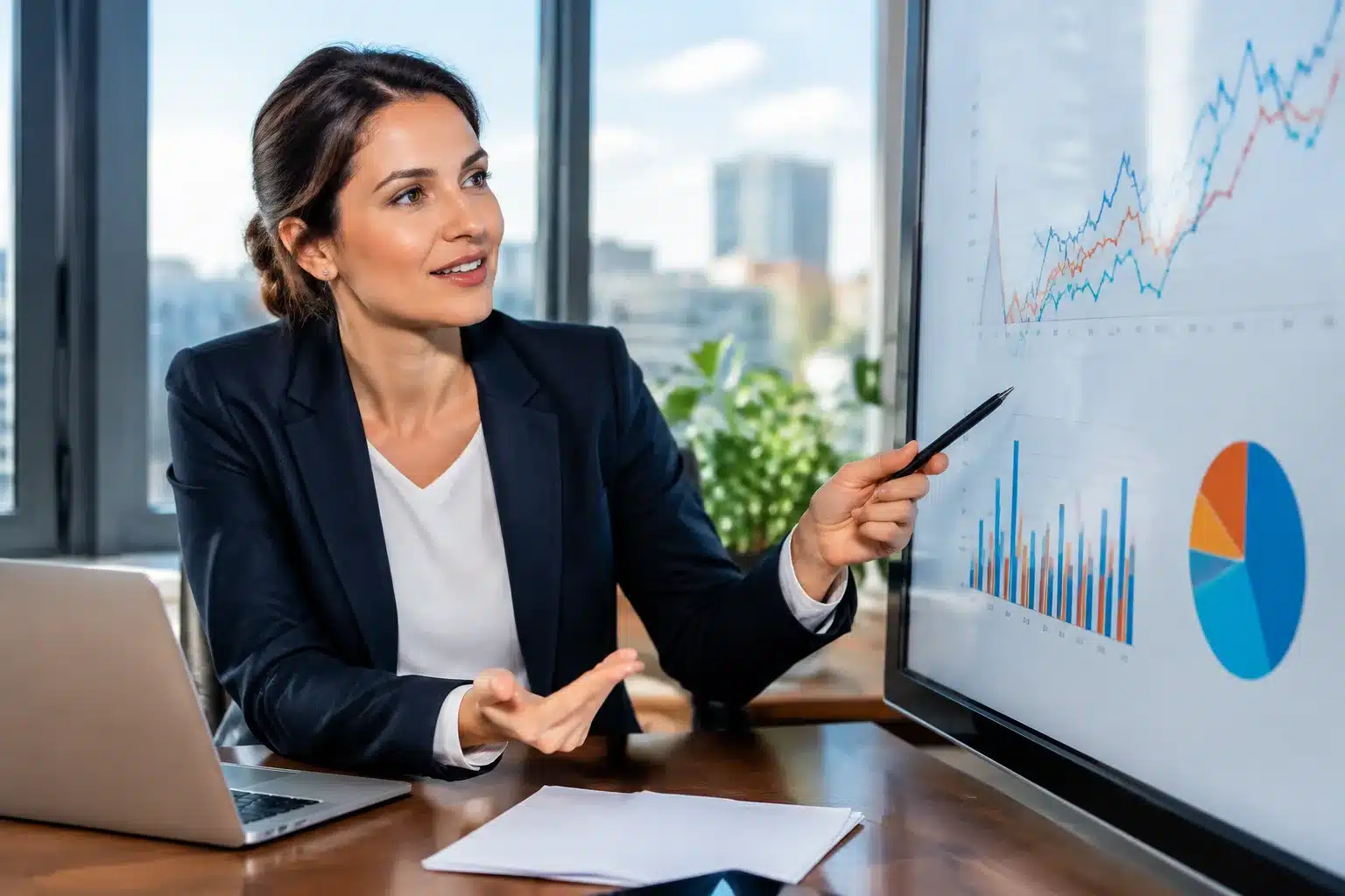 Femme dirigeante assise a un bureau presentant des donnees economiques