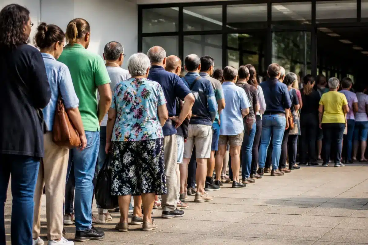Liste d'attente longue devant portes établissement sanitaire