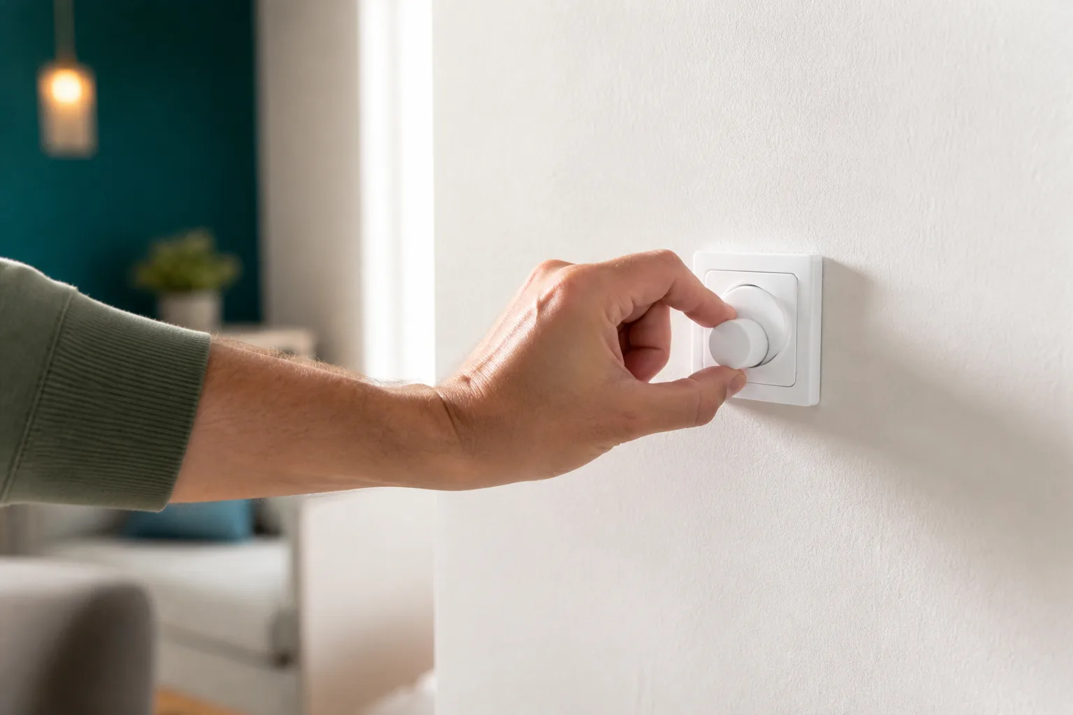 Main tourne manette thermostat blanc sur mur