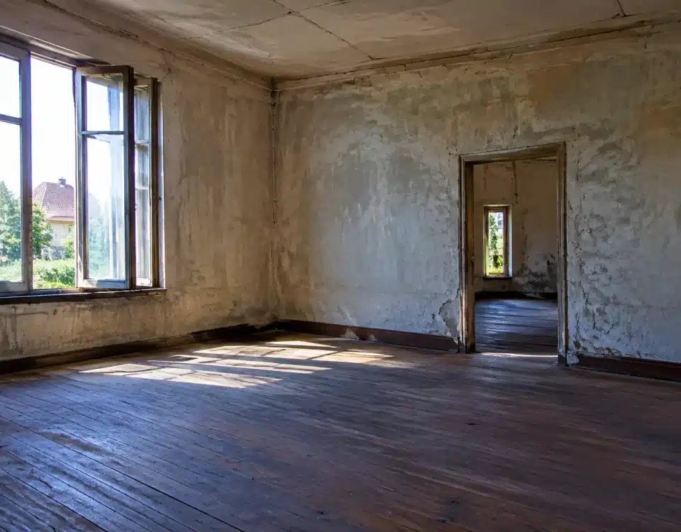 Maison abandonnee avec pieces vides et murs nus inspectees
