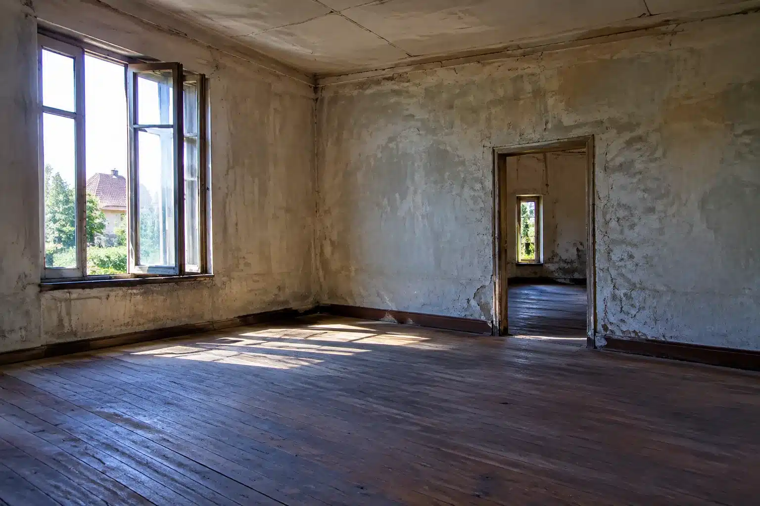 Maison abandonnee avec pieces vides et murs nus inspectees