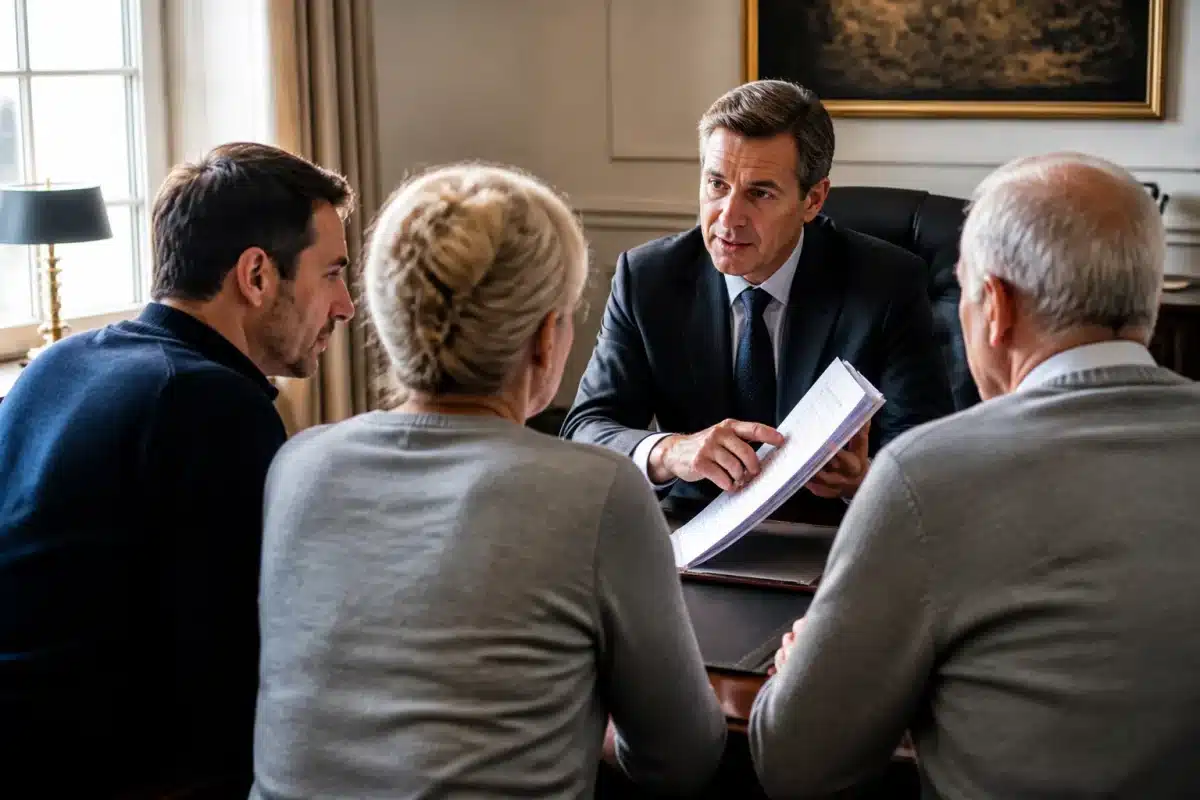 Notaire présentant document officiel à héritiers devant bureau