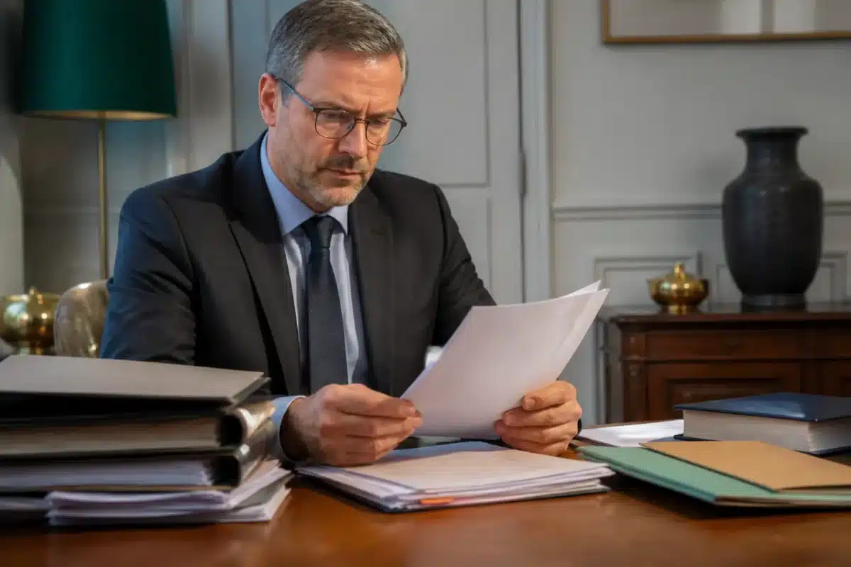 Notaire examinant documents succession avec acte décès