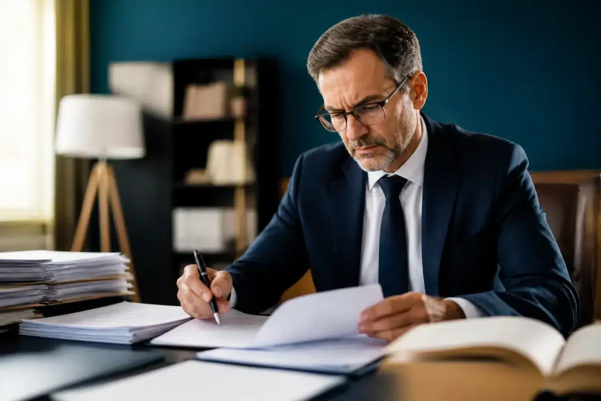Notaire examinant documents succession avec stylo noir