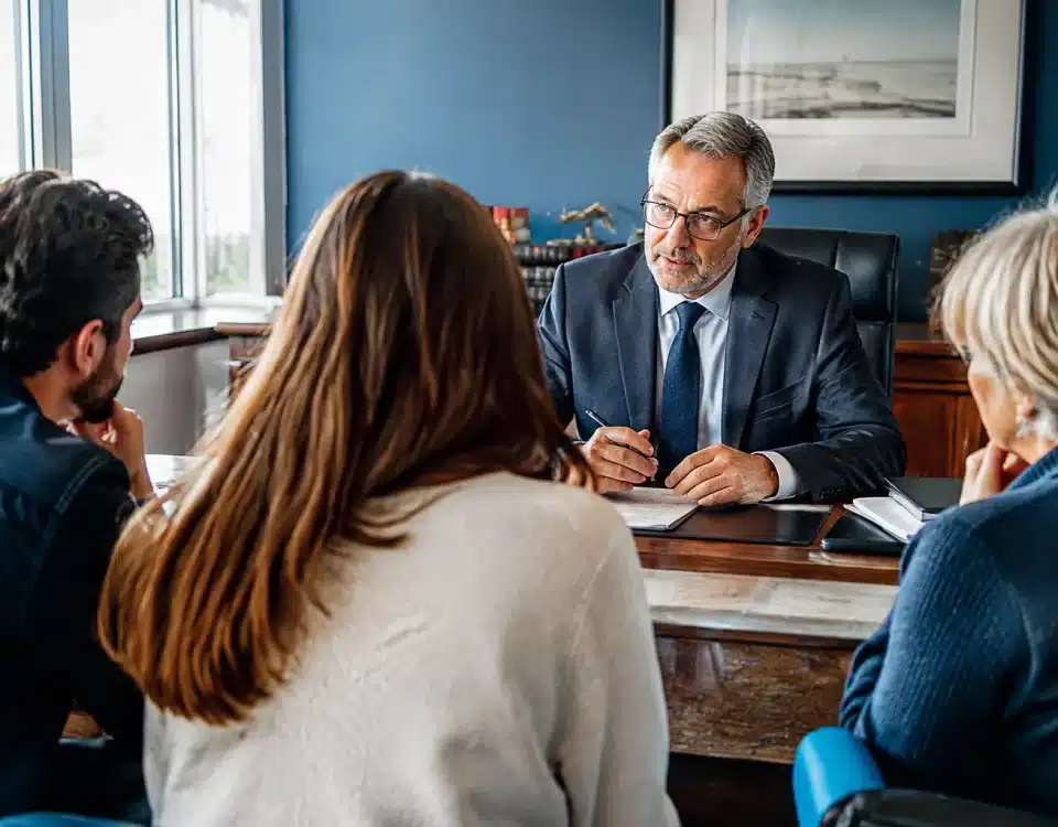 Notaire assis a son bureau face a famille hesitante silencieuse