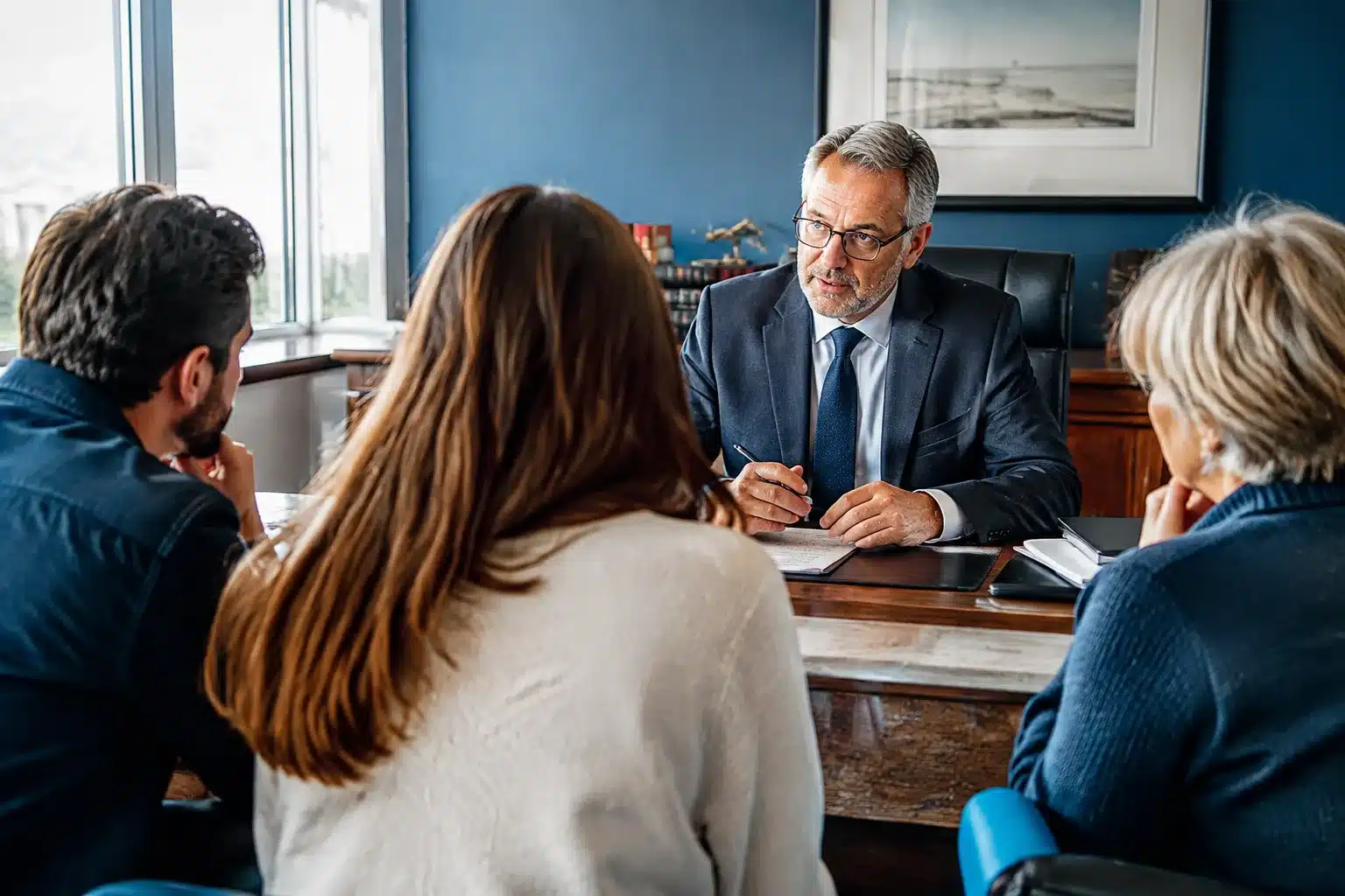 Notaire assis a son bureau face a famille hesitante silencieuse