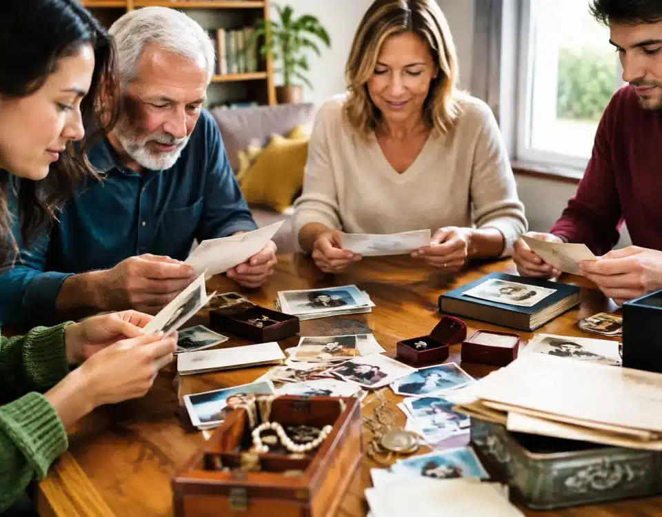 Famille distribuant documents, bijoux et souvenirs sur table avant tri