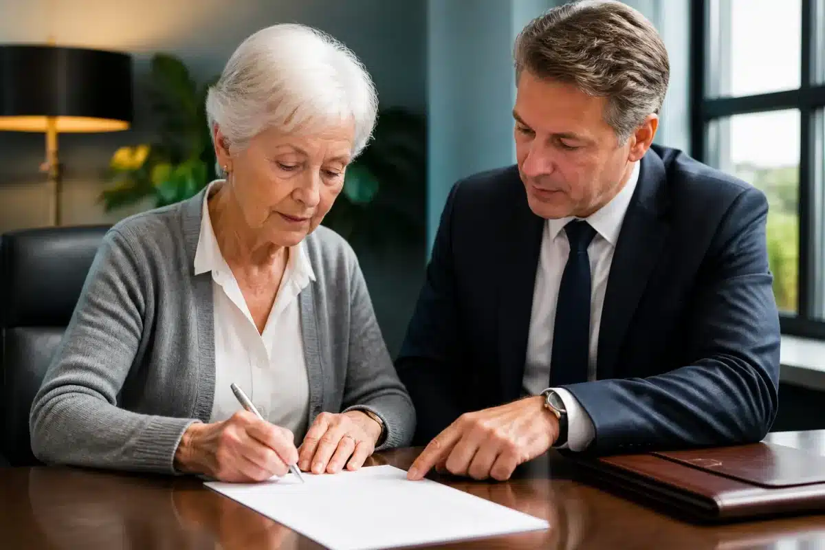 Personne agee signant document legal avec avocat present
