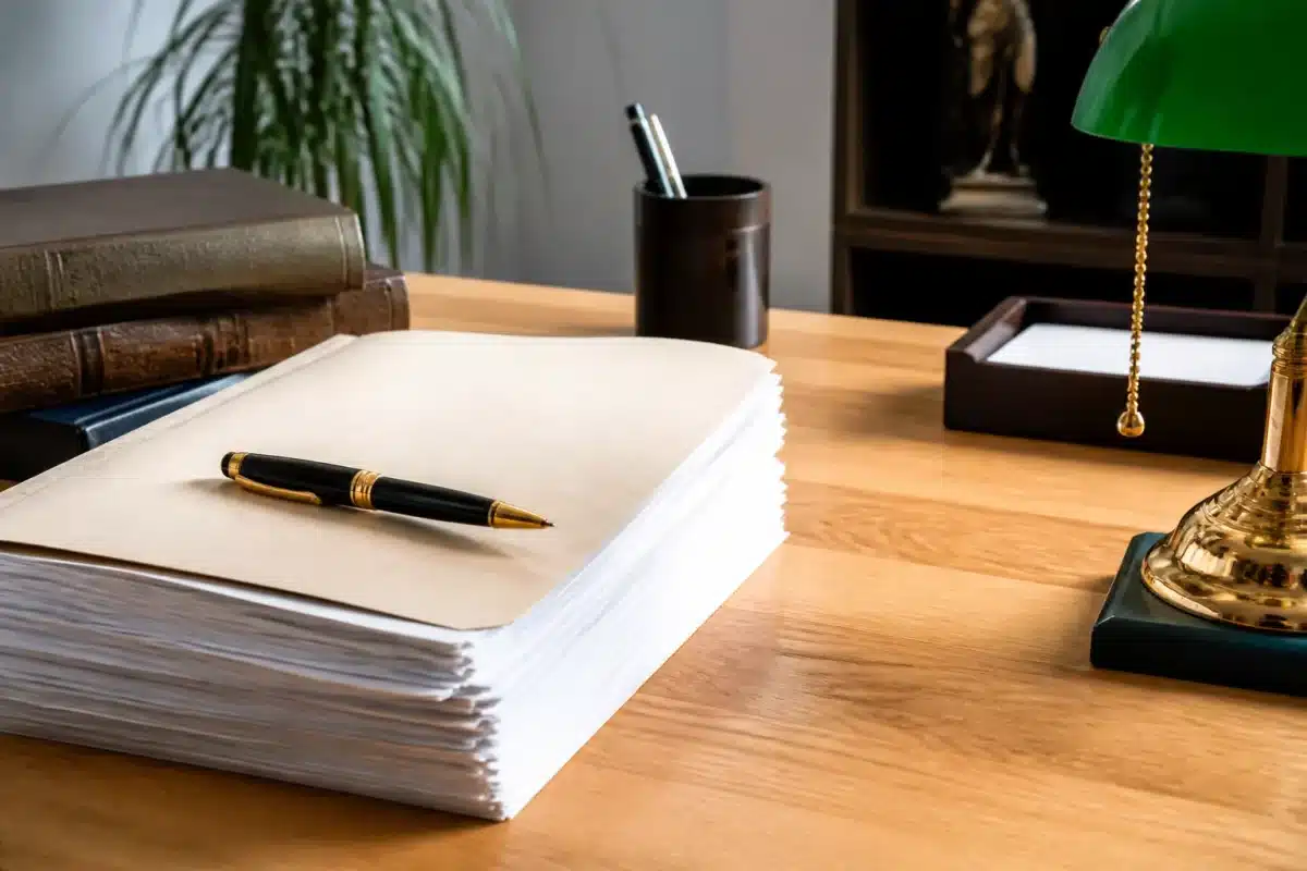 Documents juridiques avec stylo sur bureau notaire