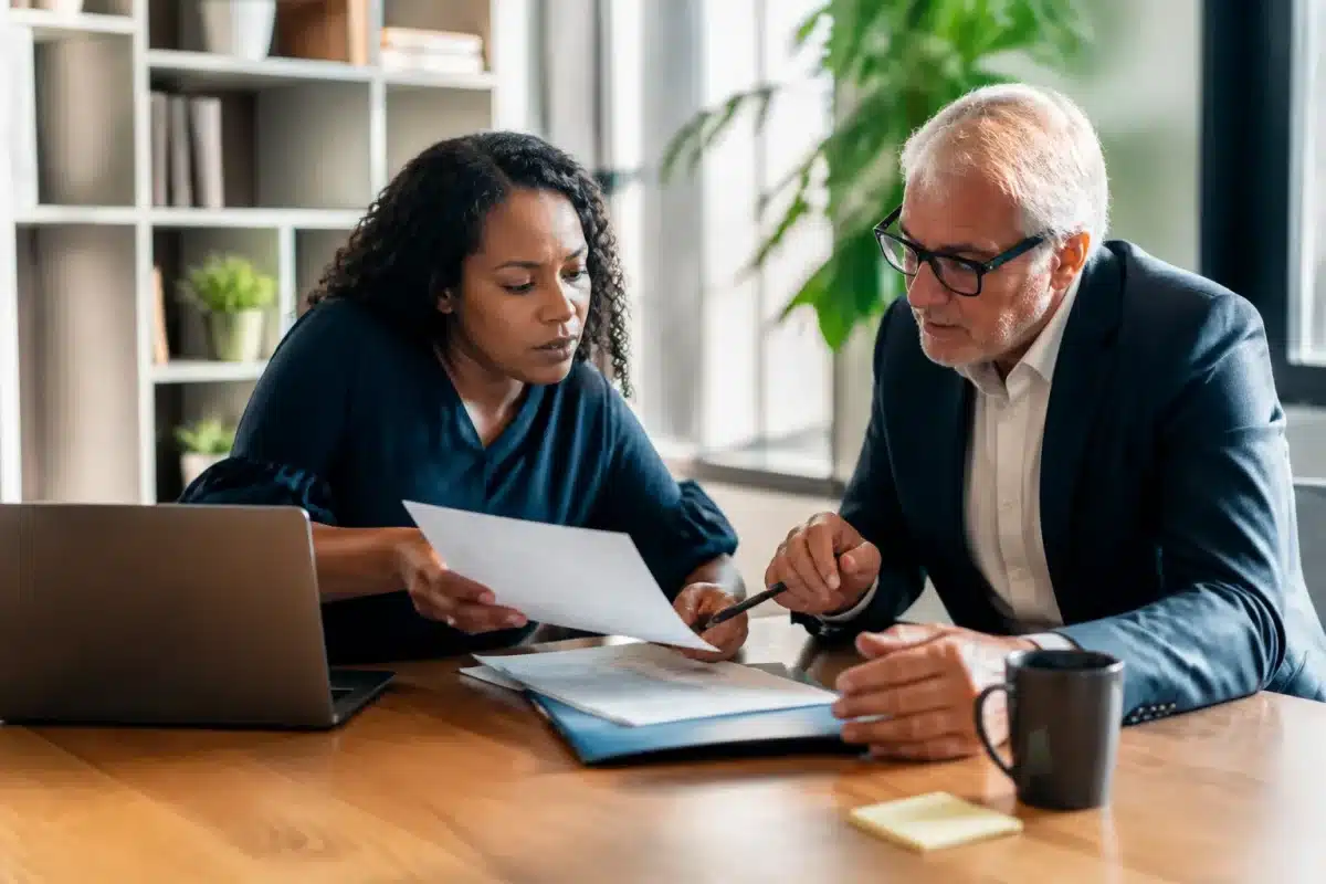 Personne consultant documents avec conseiller dans bureau local