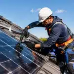Installateur fixant panneau solaire sur toit incline