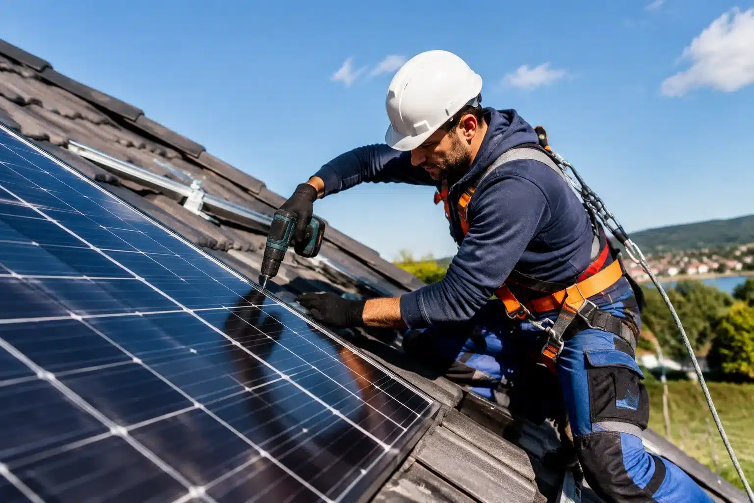 Installateur fixant panneau solaire sur toit incline