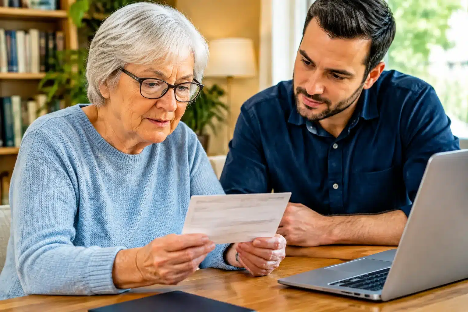 Personne agee tenant document bancaire face a adulte assis pres d'elle