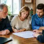 Famille assise autour table signant documents succession sans testament préalable