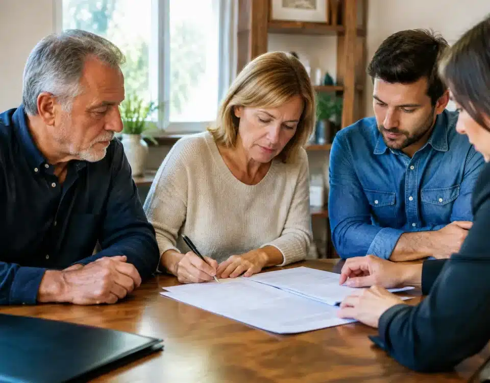 Famille assise autour table signant documents succession sans testament préalable