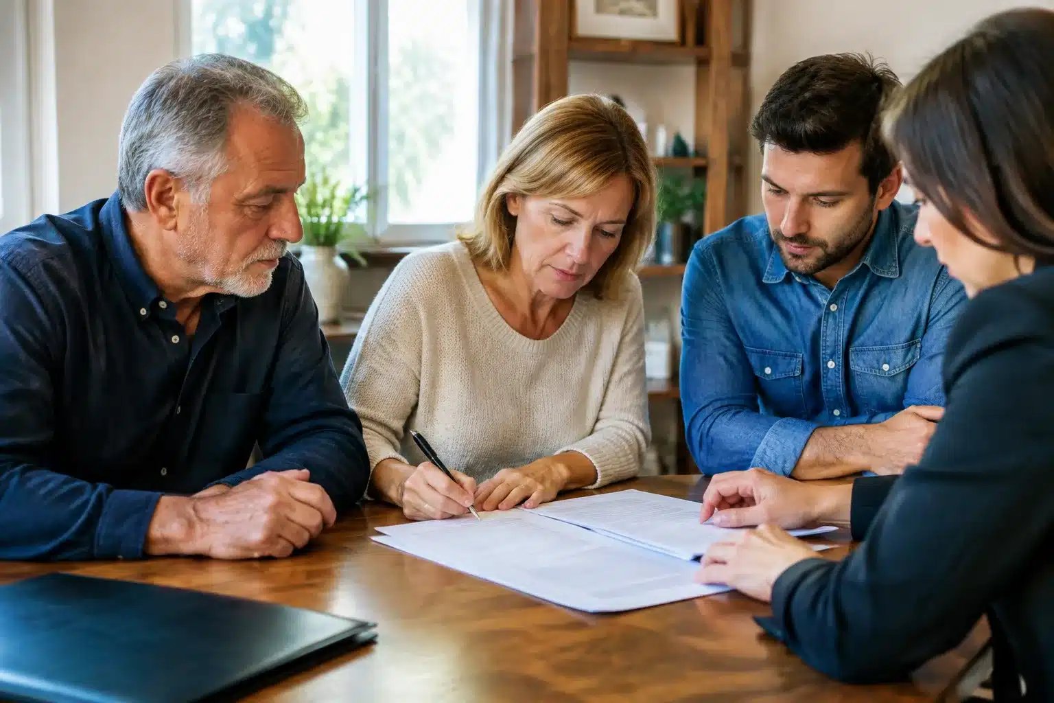 Famille assise autour table signant documents succession sans testament préalable