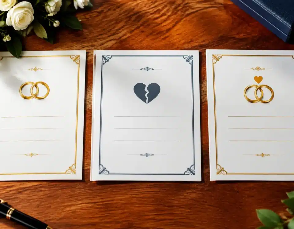 Trois documents officiels de mariage, divorce et remariage alignes horizontalement sur table