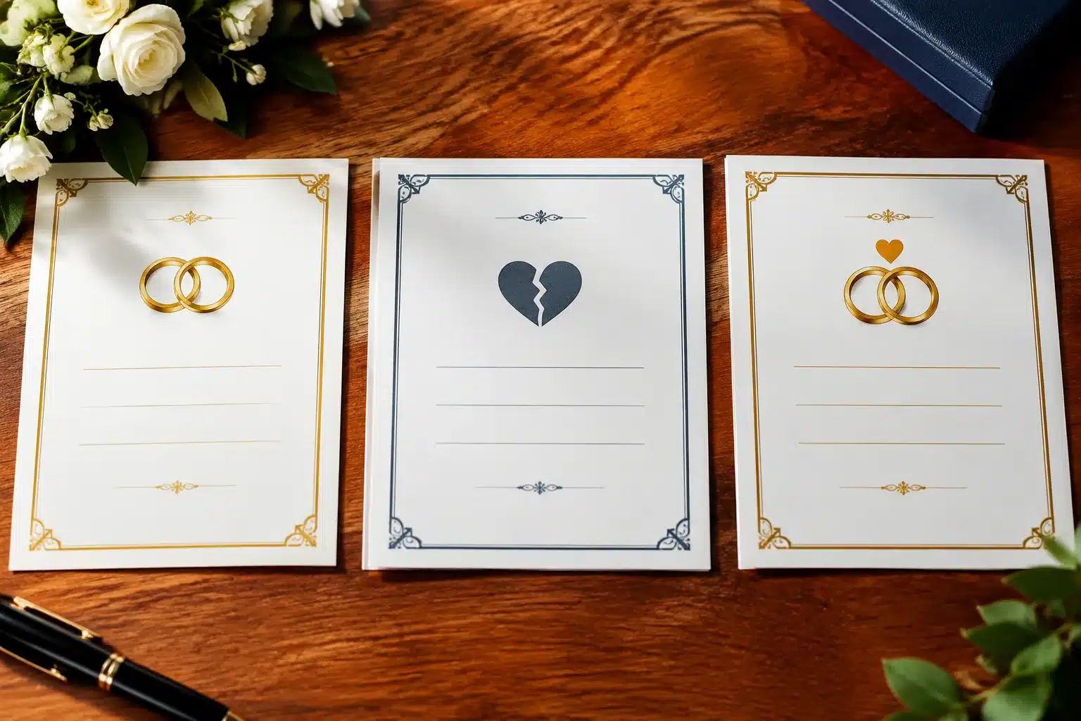 Trois documents officiels de mariage, divorce et remariage alignes horizontalement sur table