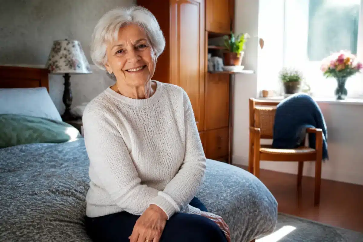 Personne agee autonome souriant dans chambre confortable