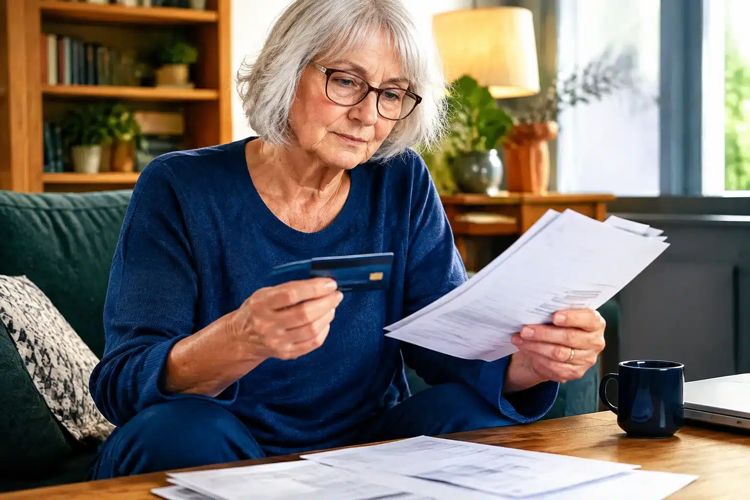 Personne agee assise tenant carte bancaire et factures papier