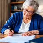 Personne agee assise signant des documents administratifs importants
