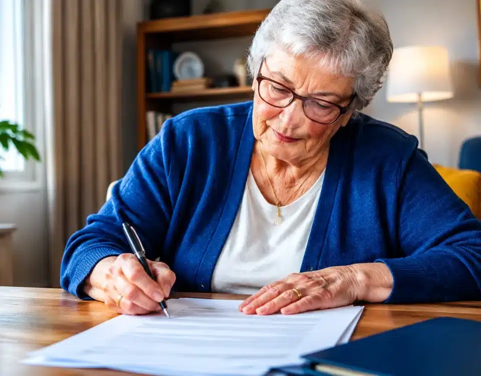Personne agee assise signant des documents administratifs importants