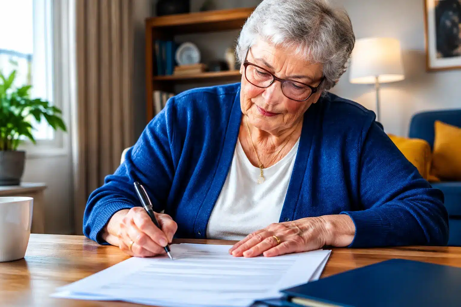 Personne agee assise signant des documents administratifs importants