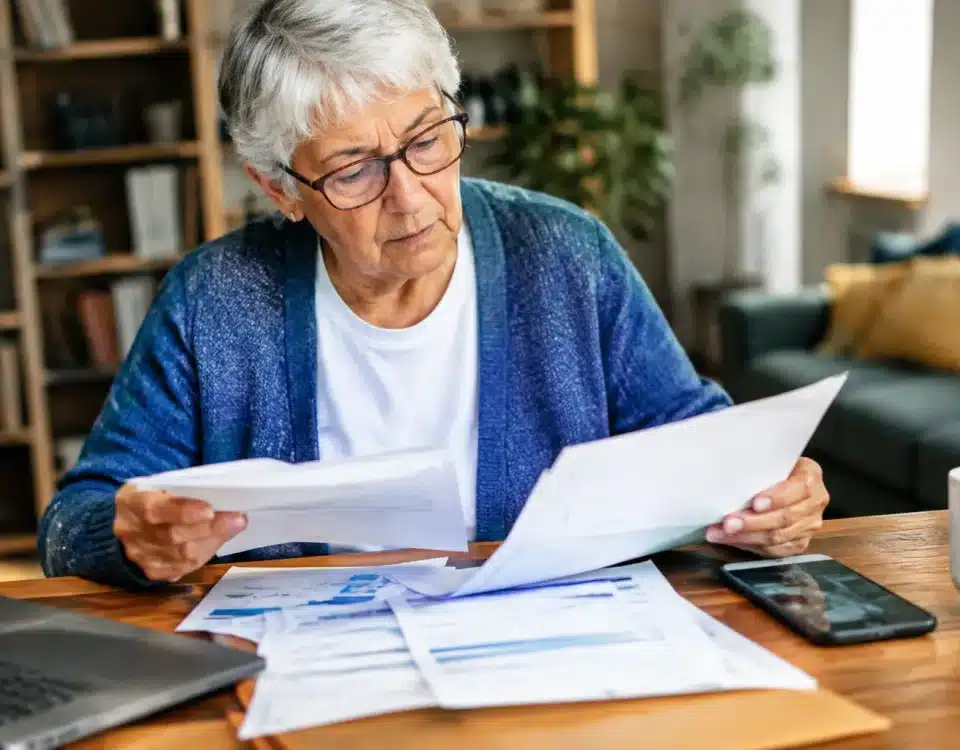 Personne agee tenant factures et relevés bancaires sur table