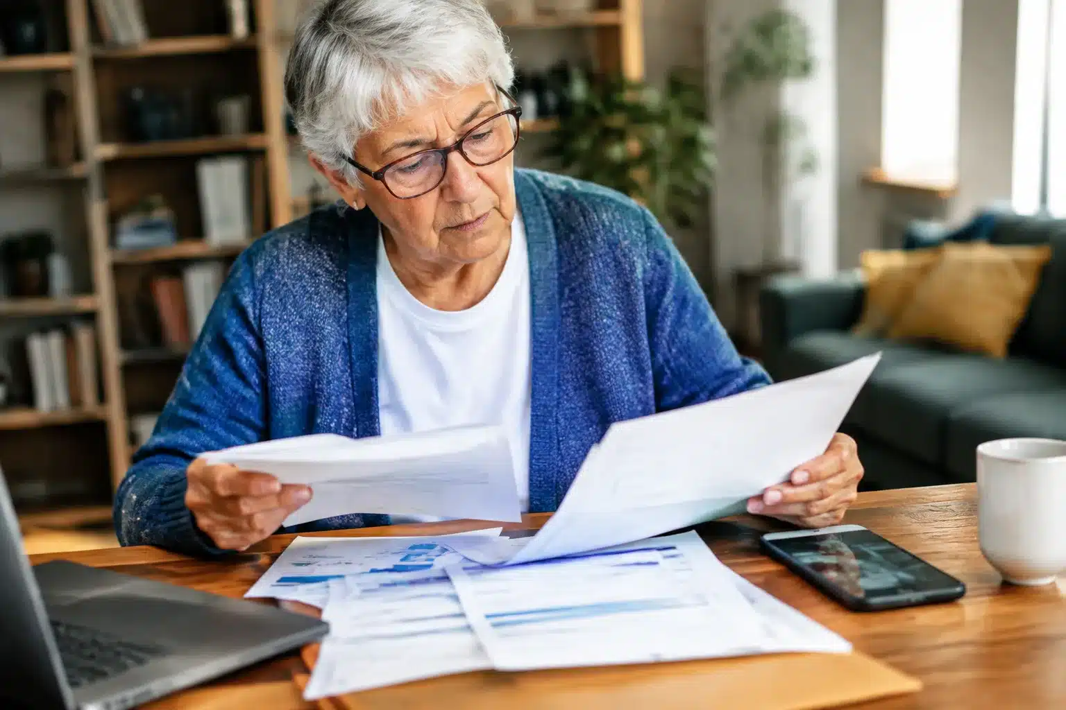 Personne agee tenant factures et relevés bancaires sur table