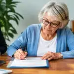 Personne agee signant document bancaire avec procuration pres d'elle