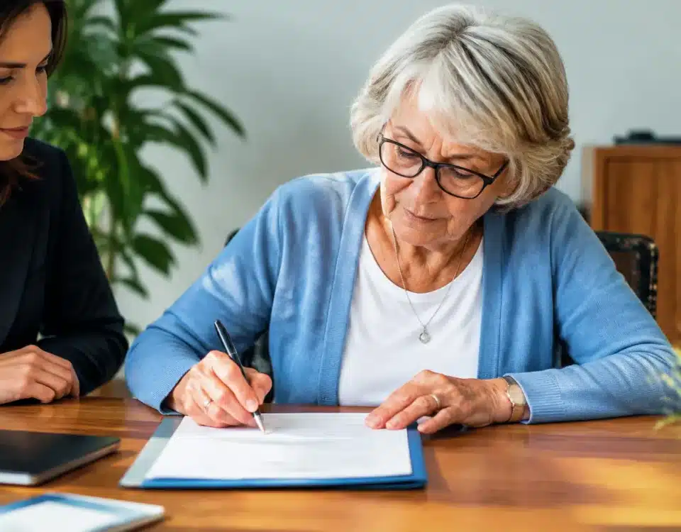 Personne agee signant document bancaire avec procuration pres d'elle